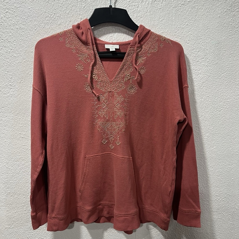 J. Jill Womens Sz M Embroidered Waffle Knit Pullover Drawstring Hoodie Dark Rose